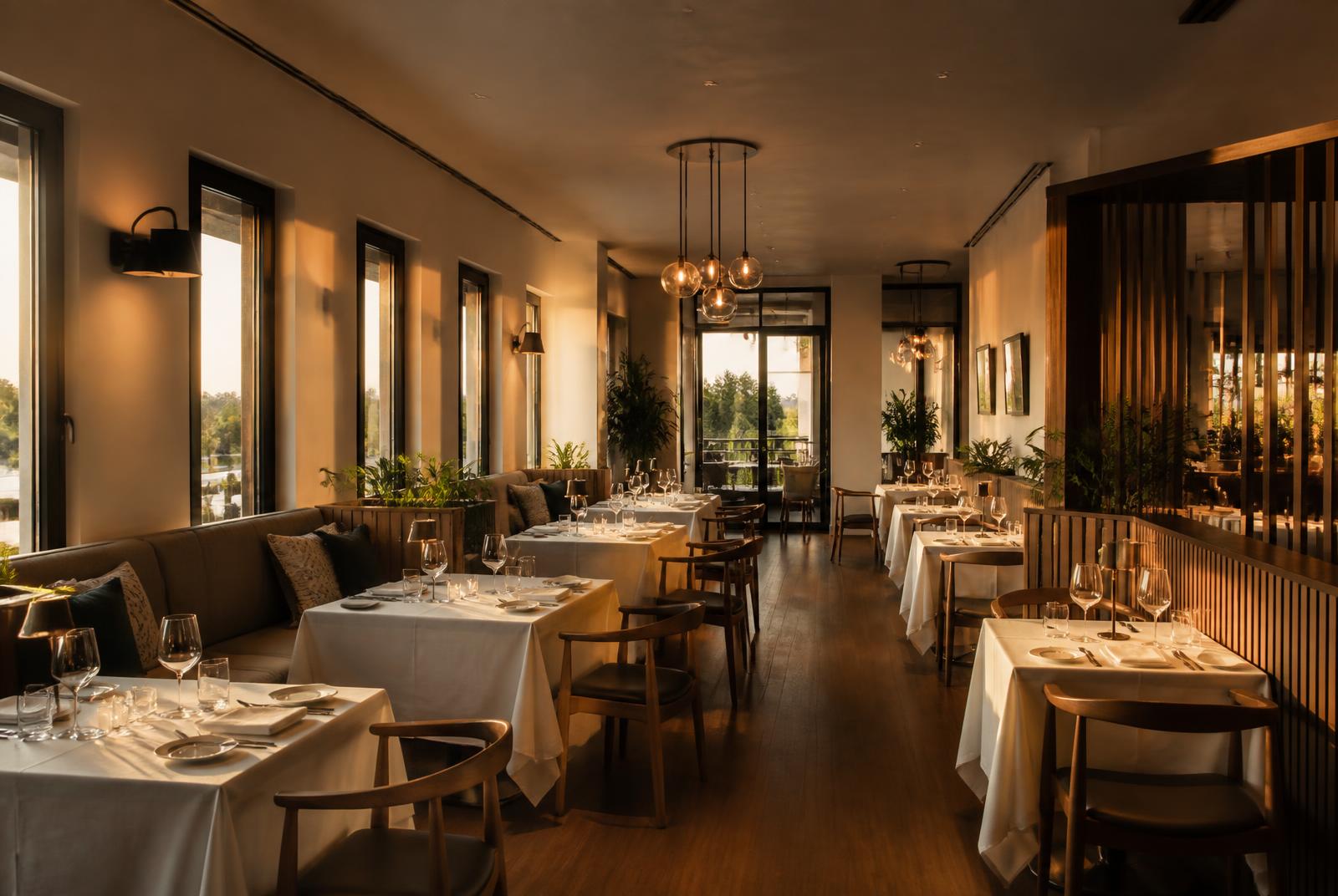 Interior de un restaurante moderno con mesas preparadas y luz cálida